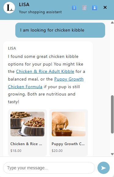 LISA AI showing chicken kibble recommendations
